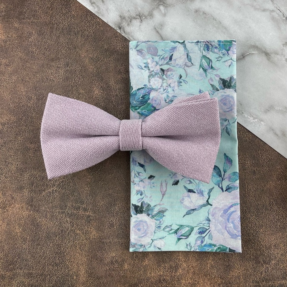 Men’s Dusty Lilac Velour Bow Tie & Aqua Watercolor Floral Pocket Square